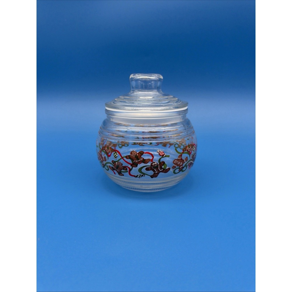 KIG INDONESIA Glass Candy Jar Canister w/Lid CHRISTMAS GINGERBREAD Ribbons
